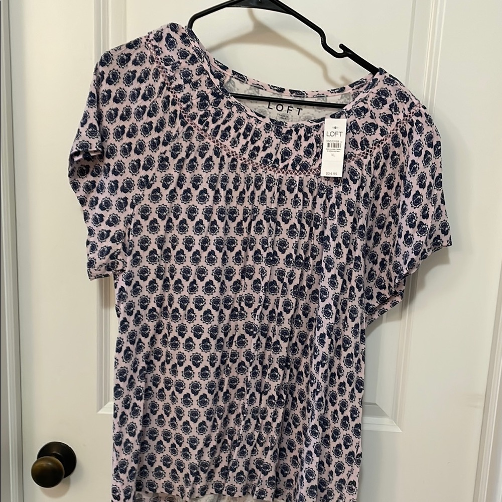 LOFT Women's Pink and Black Patterned Top